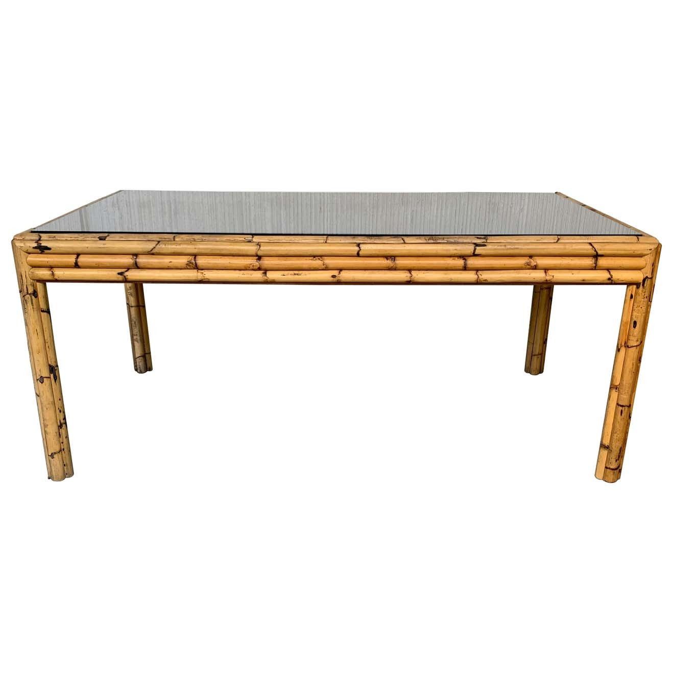 Table à manger en bambou et verre fumé, Espagne, années 1980 photo furniture