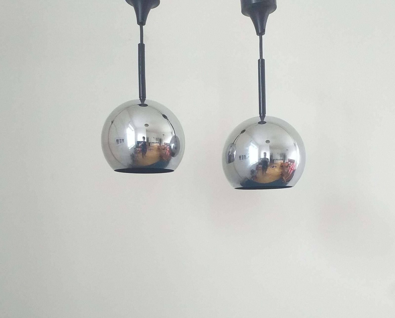 photo for sale Pair Of Mid Century Pendants Staff Leuchten, Motoko Ishii, Germany, 1970s.