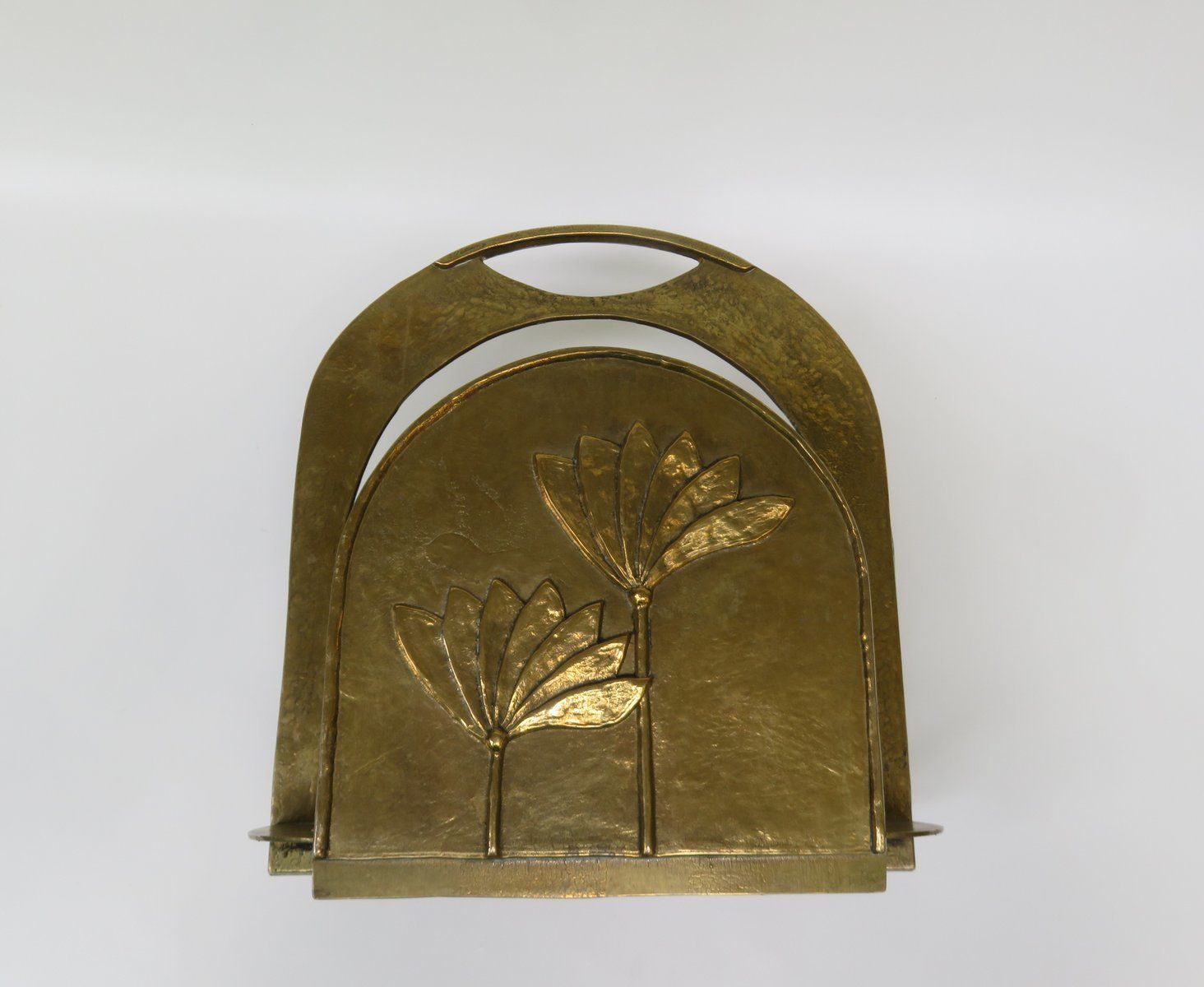 Brutalist Style Brass Magazine Rack With Floral Elements, 1970s photo vinterior