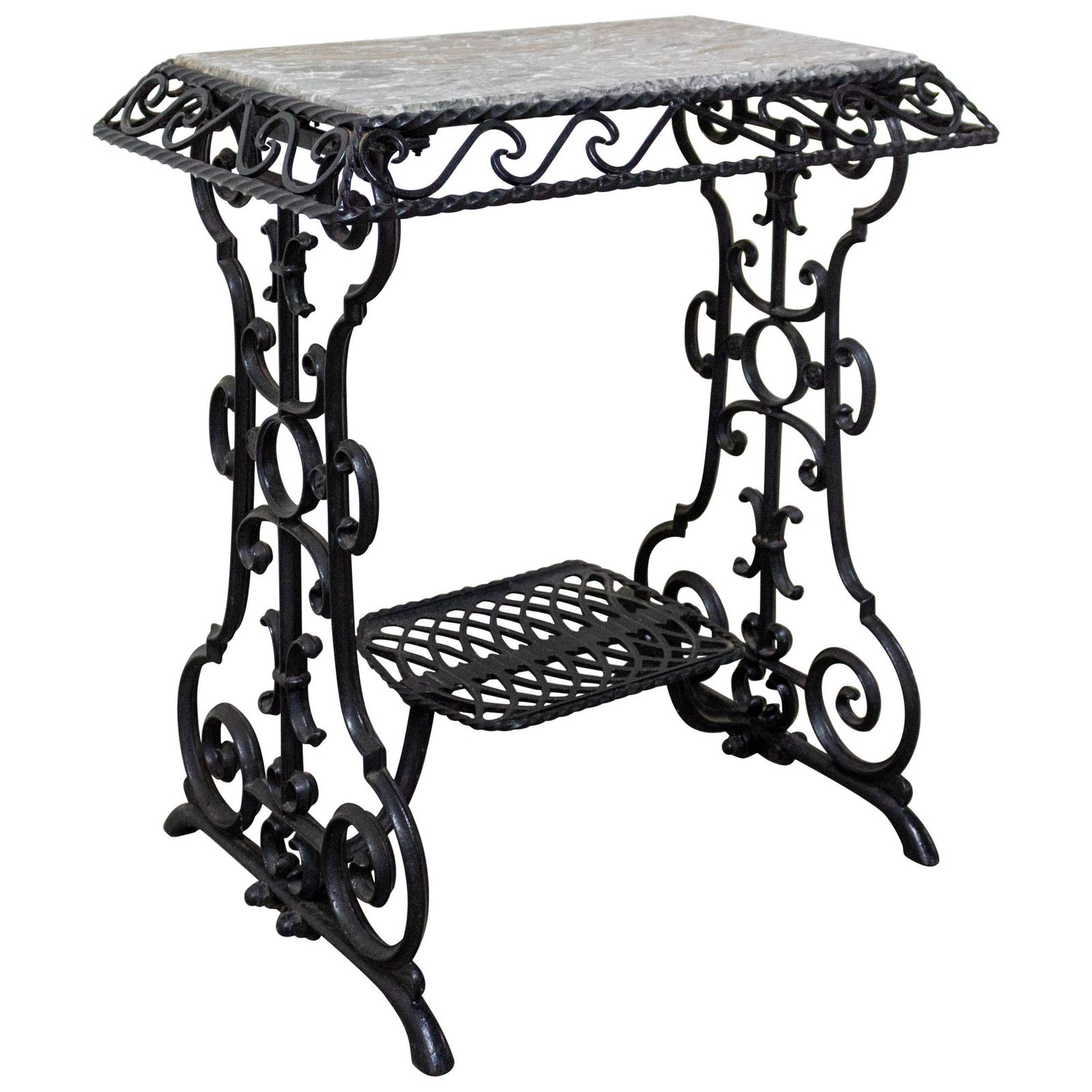 Console ou table d'appoint, plateau en marbre et support de machine à coudre, française, vers 1920