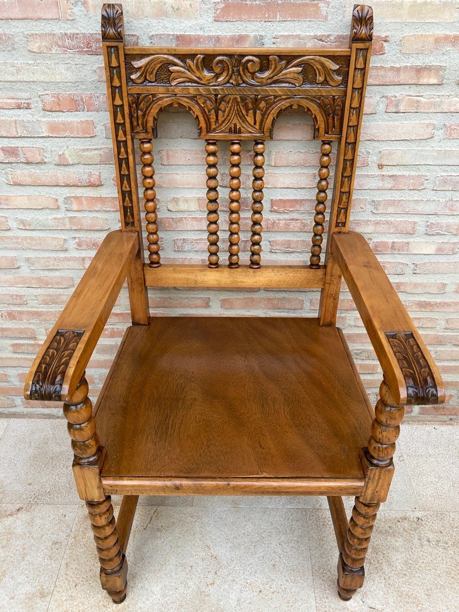 19th Century French Carved Oak Turned Wood Armchair photo for sale