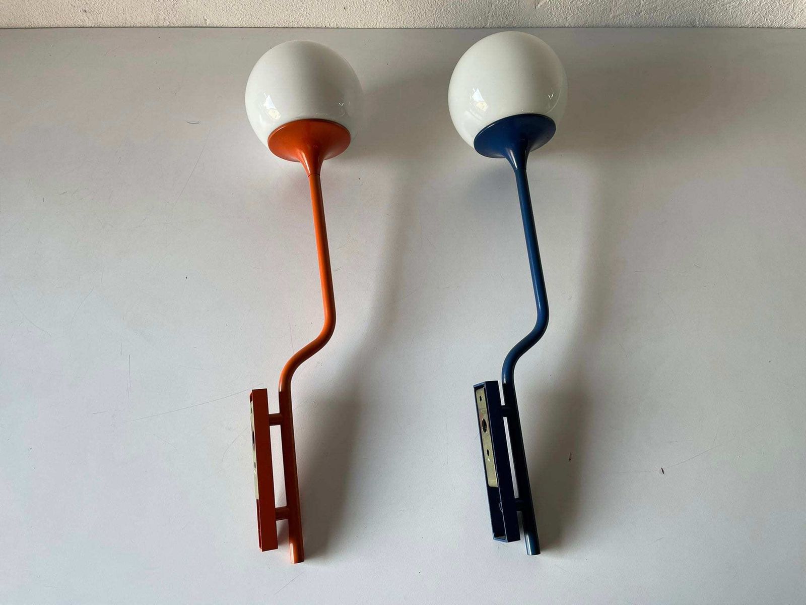 Very Rare Orange Dark Blue Long Metal Body And Glass Pair Of Sconces By Reggiani, 1970s, Italy photo for sale