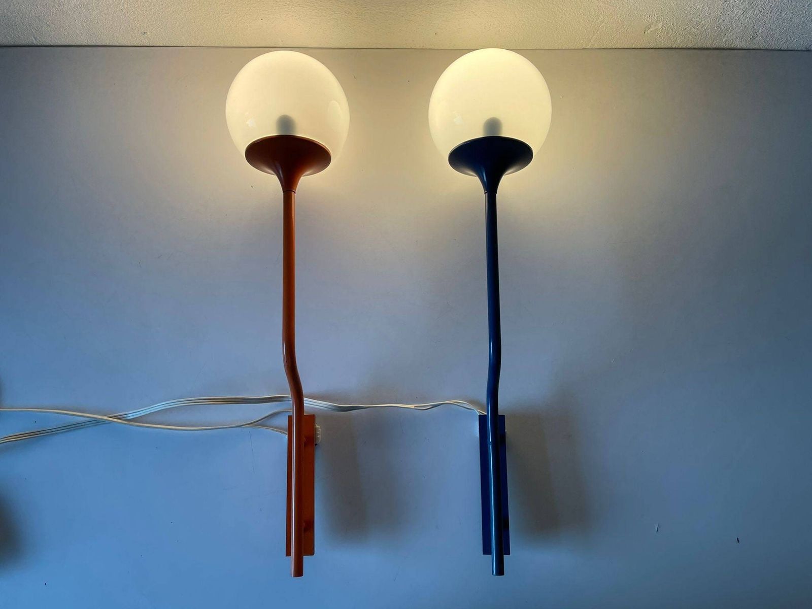 Very Rare Orange Dark Blue Long Metal Body And Glass Pair Of Sconces By Reggiani, 1970s, Italy photo Lighting