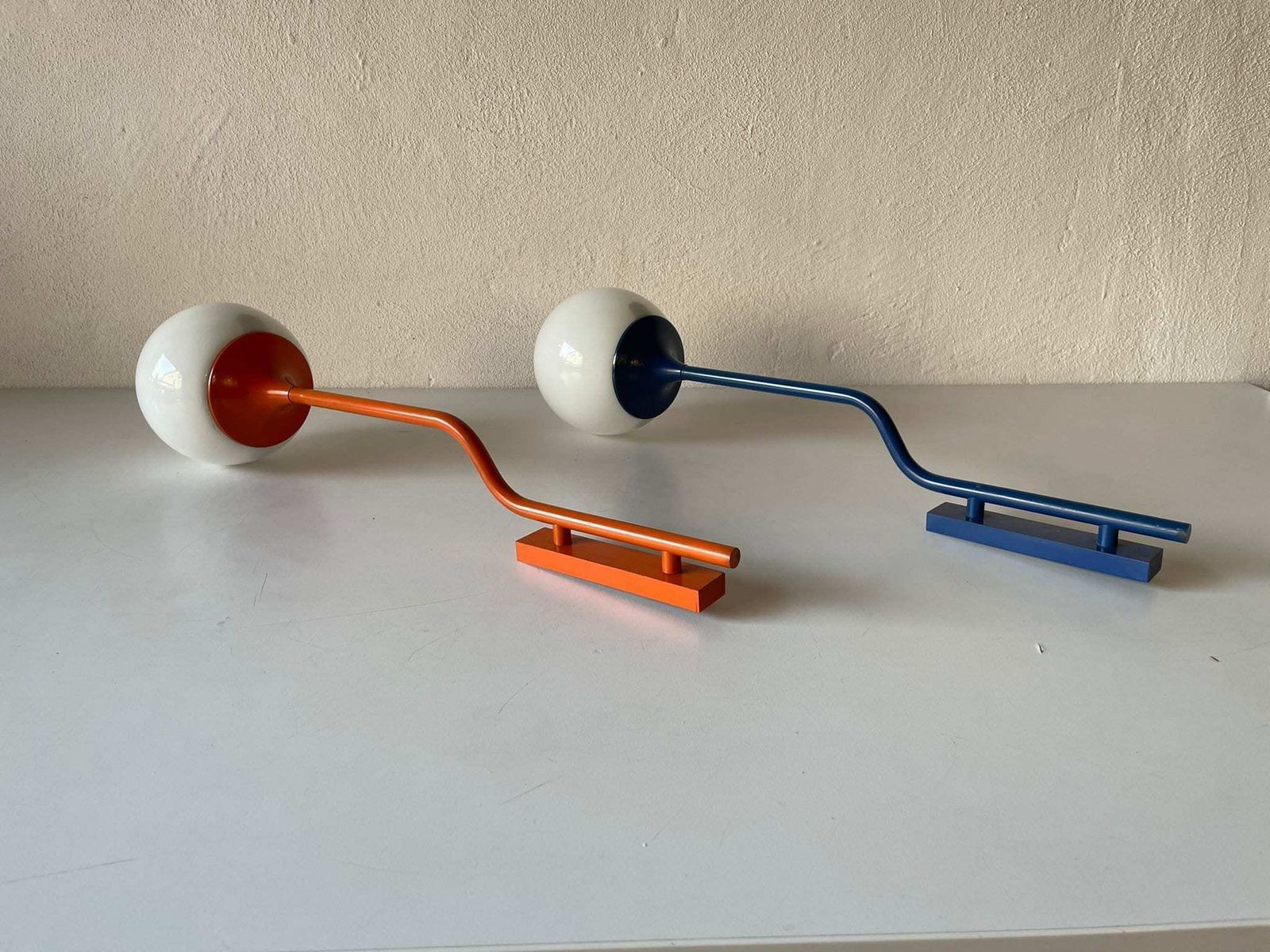 Very Rare Orange Dark Blue Long Metal Body And Glass Pair Of Sconces By Reggiani, 1970s, Italy photo 1656.64