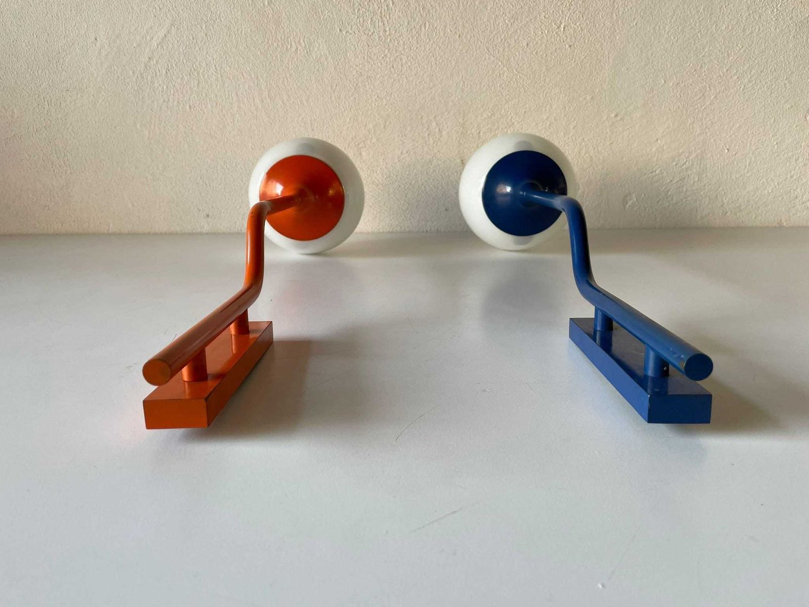 Very Rare Orange Dark Blue Long Metal Body And Glass Pair Of Sconces By Reggiani, 1970s, Italy photo buy