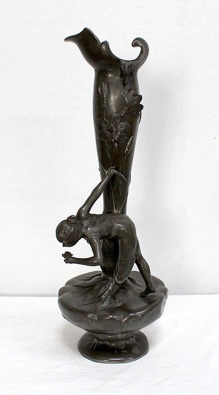 Top Pewter Vase, Young Woman Picking A Water Lily, Signed P. Jean, Art Nouveau, Early 20th Century