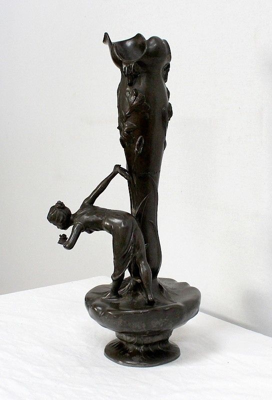Top Pewter Vase, Young Woman Picking A Water Lily, Signed P. Jean, Art Nouveau, Early 20th Century photo for sale