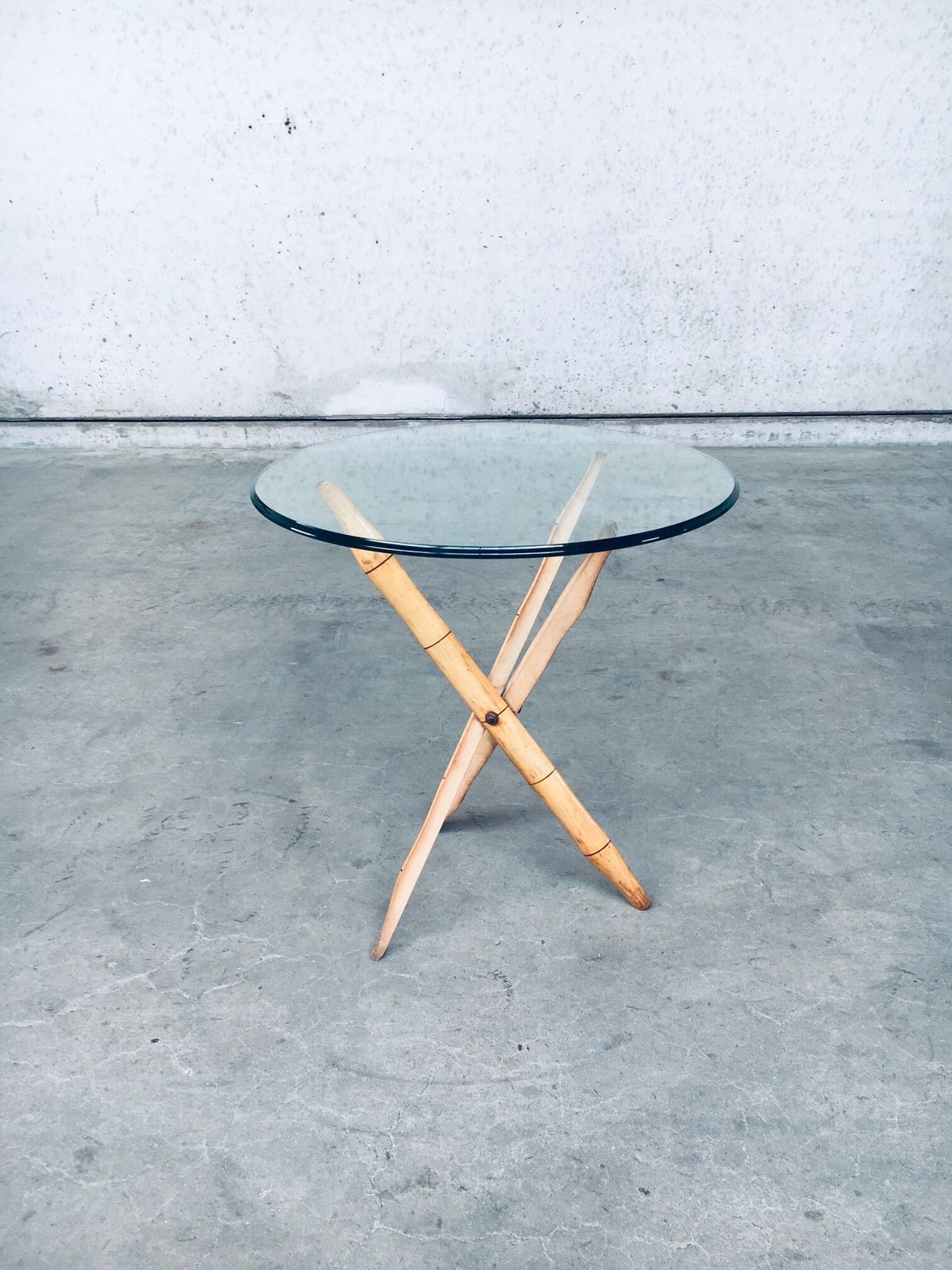 1970's Design Faux Bamboo Folding Tripod Side Table photo for sale
