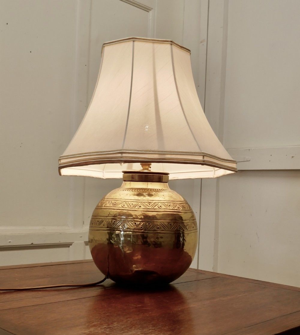 Large Brass Ball Table Lamp With Hand Beaten Decoration