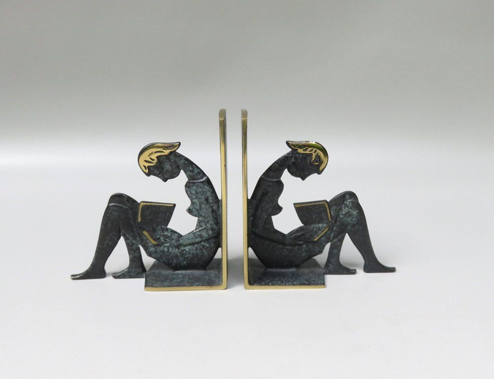 Reading Girl Bookends In Brass With Black Green Patina, 1950s, Set Of 2