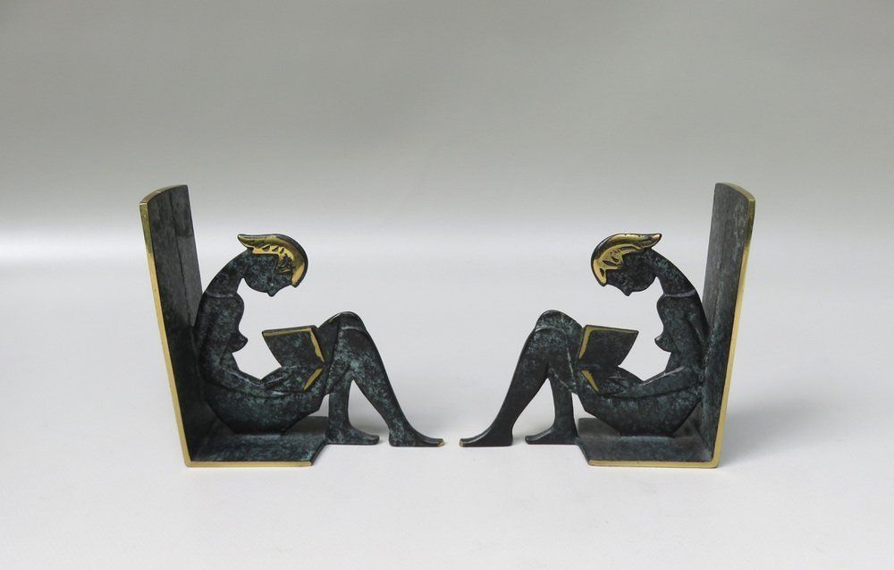 Reading Girl Bookends In Brass With Black Green Patina, 1950s, Set Of 2 photo furniture