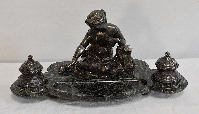 Double Inkwell In Silvered Bronze On Sea Green Marble   1900 photo furniture
