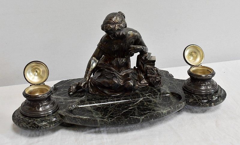 Double Inkwell In Silvered Bronze On Sea Green Marble   1900 photo 1319.43