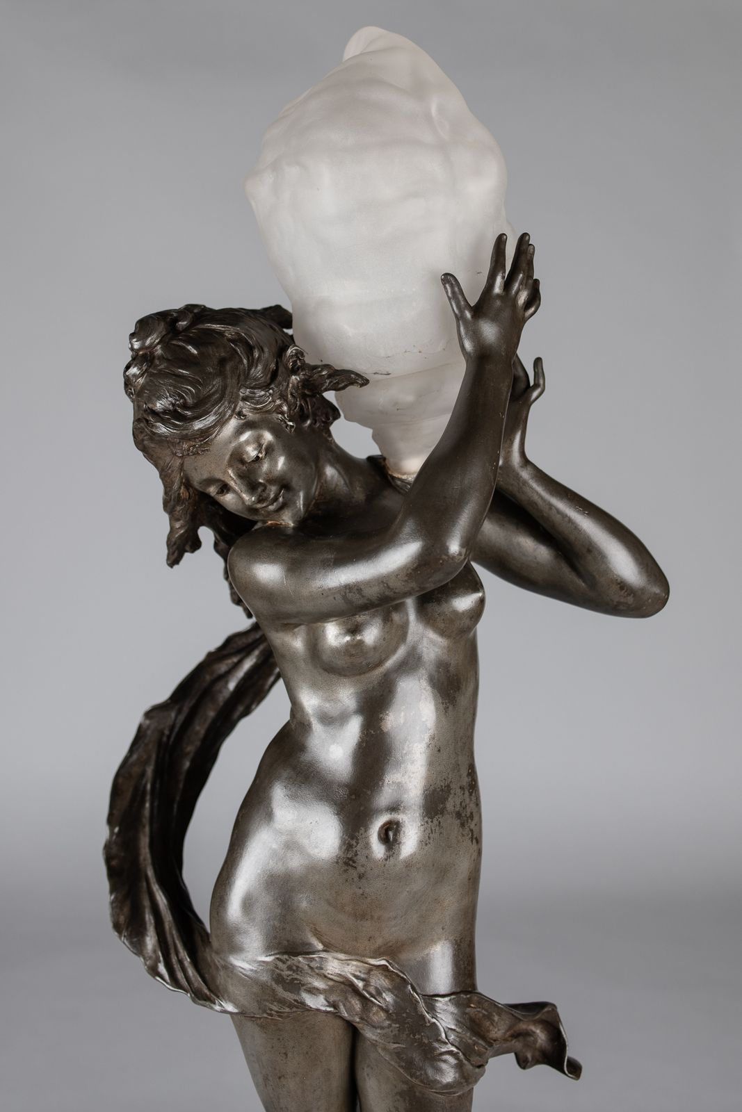 A Stunning 19th Century French Silvered Spelter Figural Lamp Sculpture Signed Auguste Moreau photo for sale