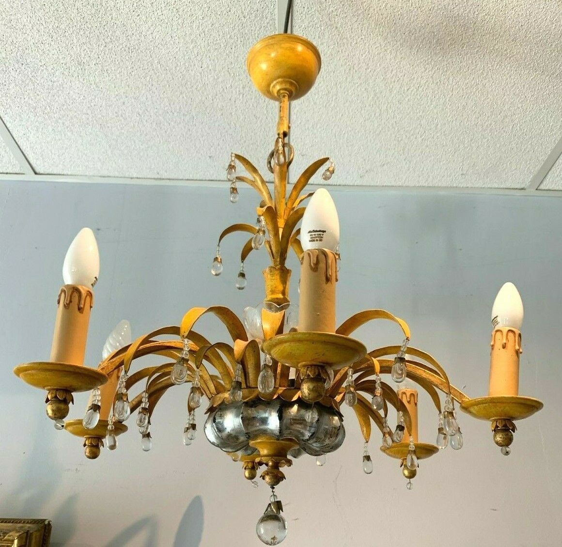 Chandelier In Glass And Patinated Sheet Six Sconces XX Century photo for sale