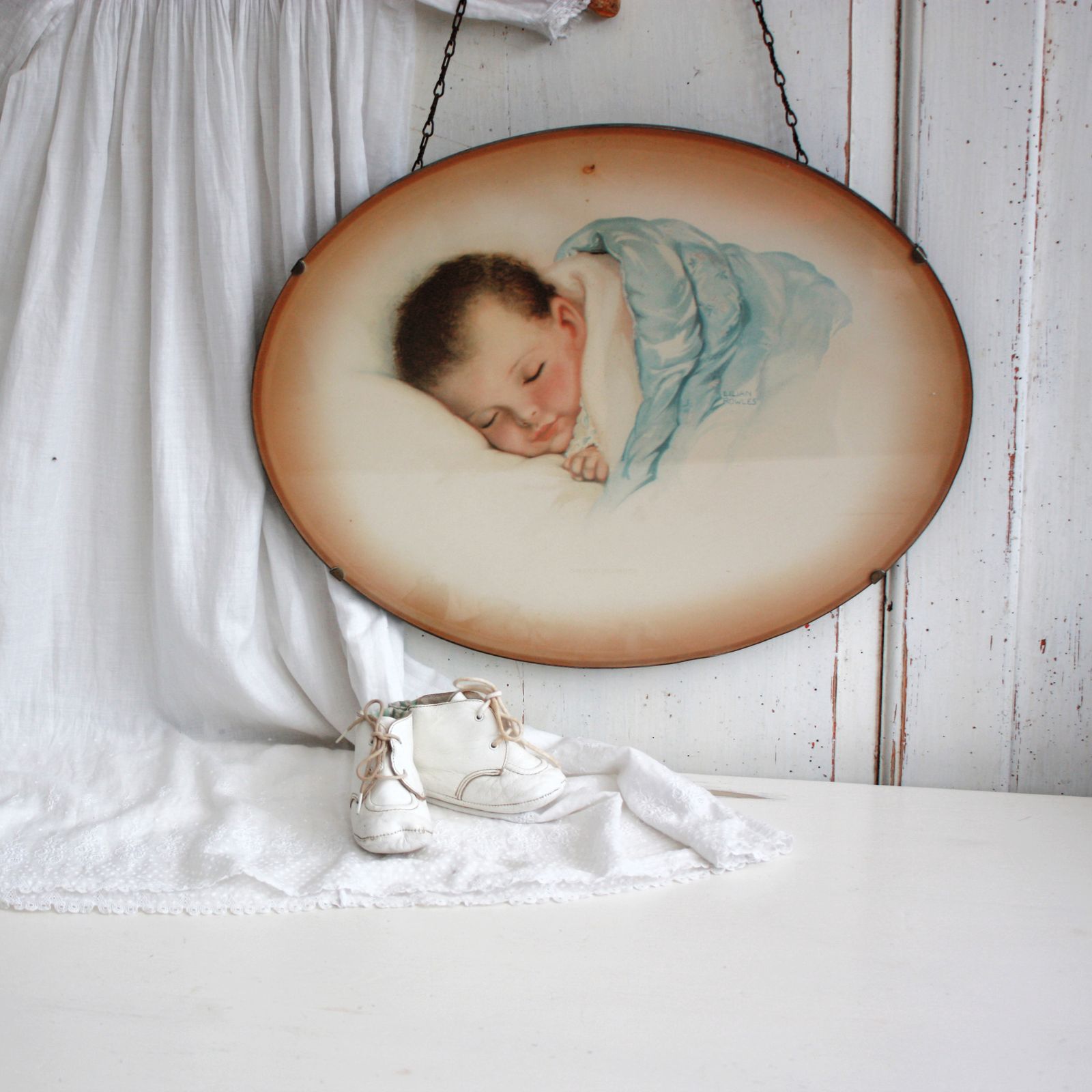 Large Glazed Oval 1930's Baby Print By Lilian Rowles photo 89.0