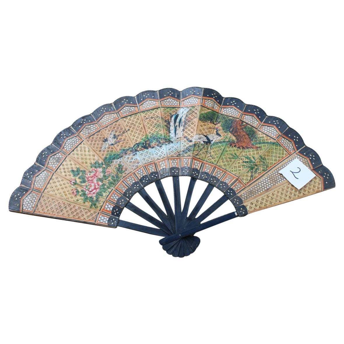 Decorative Mid Century Chinese Fan In Paper Decorated Painted Wooden Structure
