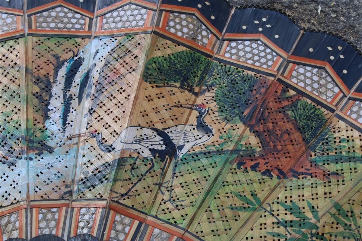 Decorative Mid Century Chinese Fan In Paper Decorated Painted Wooden Structure photo Art