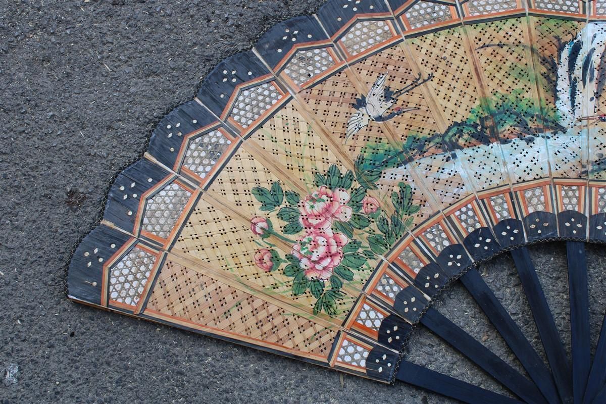 Decorative Mid Century Chinese Fan In Paper Decorated Painted Wooden Structure photo vinterior