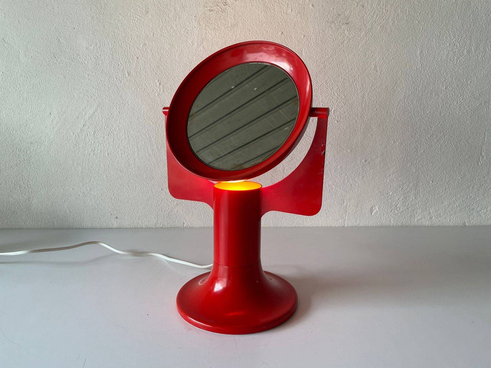 Red Metal Illuminated Space Age Table Mirror, 1970s, Italy photo furniture