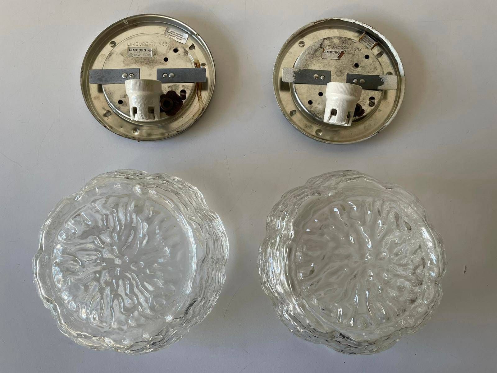 Glass In Rare Shape Pair Of Sconces Or Ceiling Lamps By Limburg, 1960s, Germany photo vintage