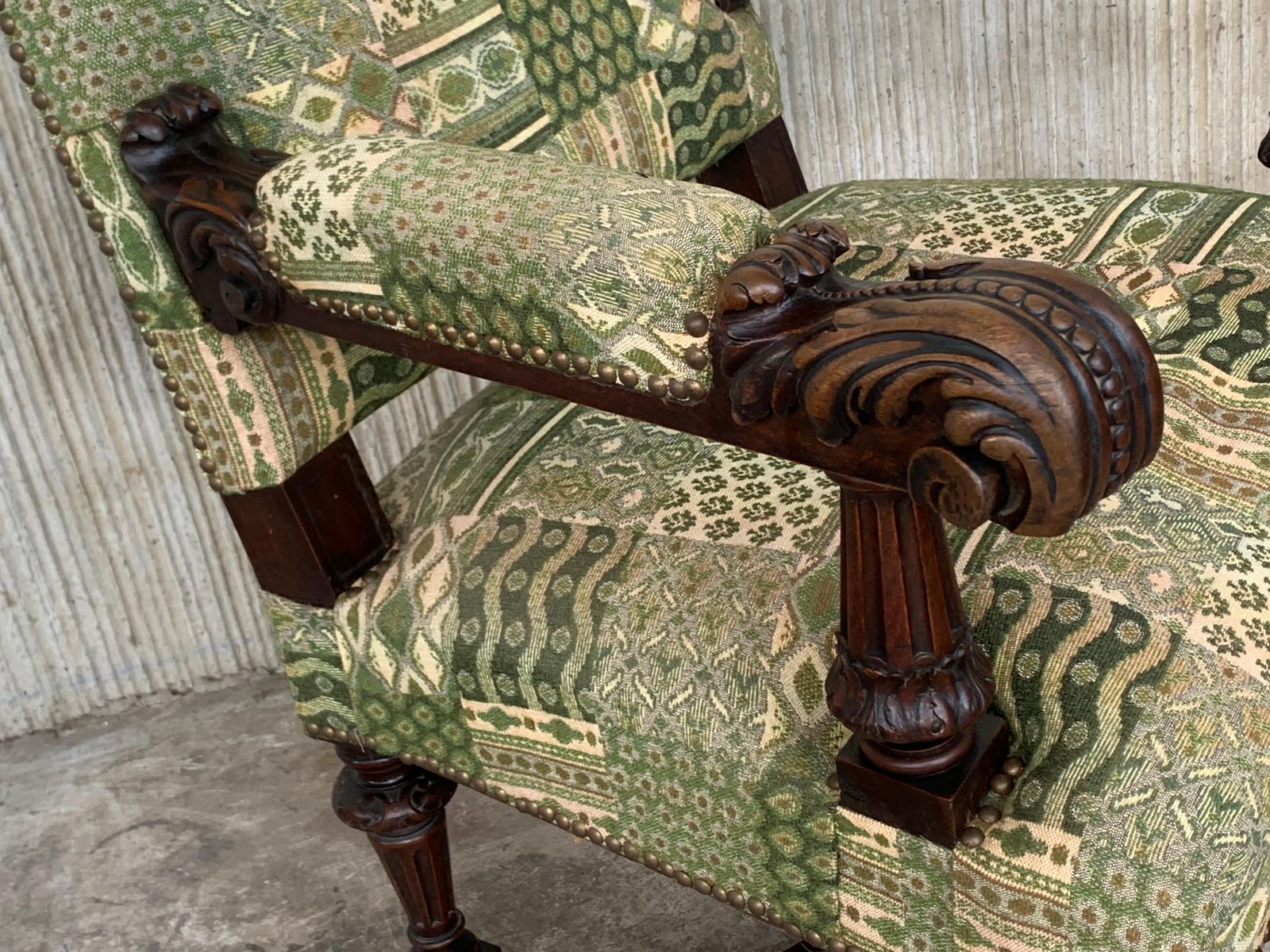 photo for sale Louis XVI Style Spanish Pair Of Carved Walnut Armchairs, 1900s