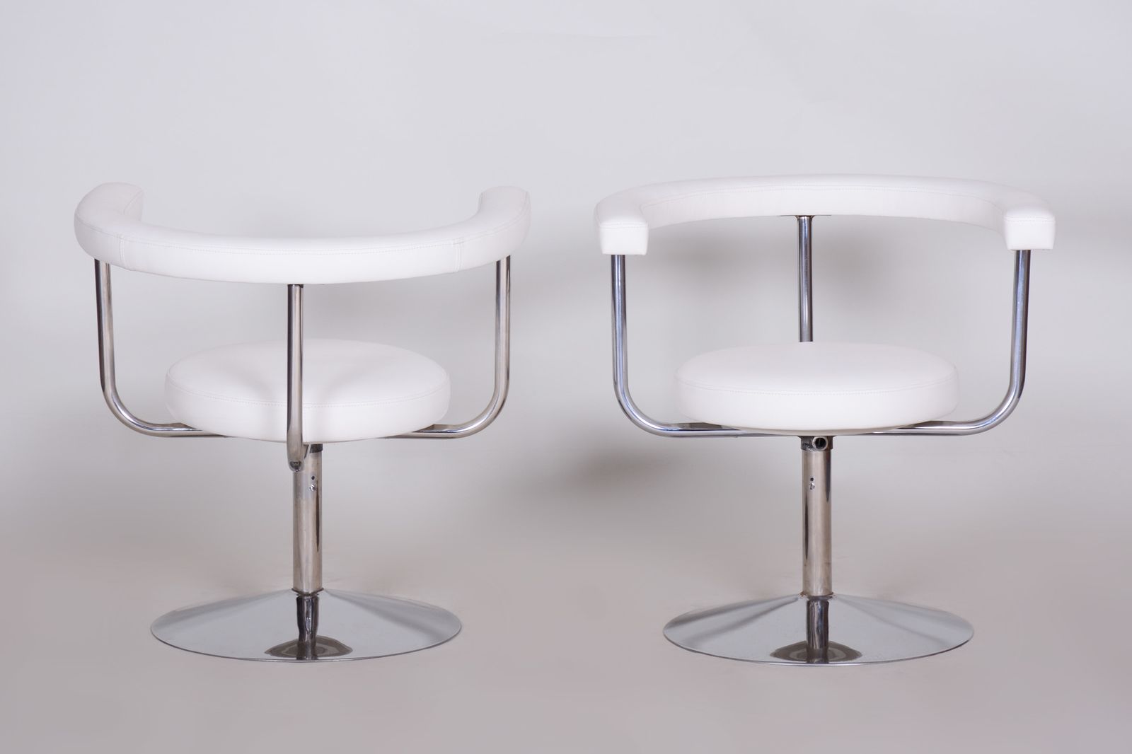 Pair Of White Leather Swivel Chairs Made In Czechia, 1940s. Fully Restored. photo for sale