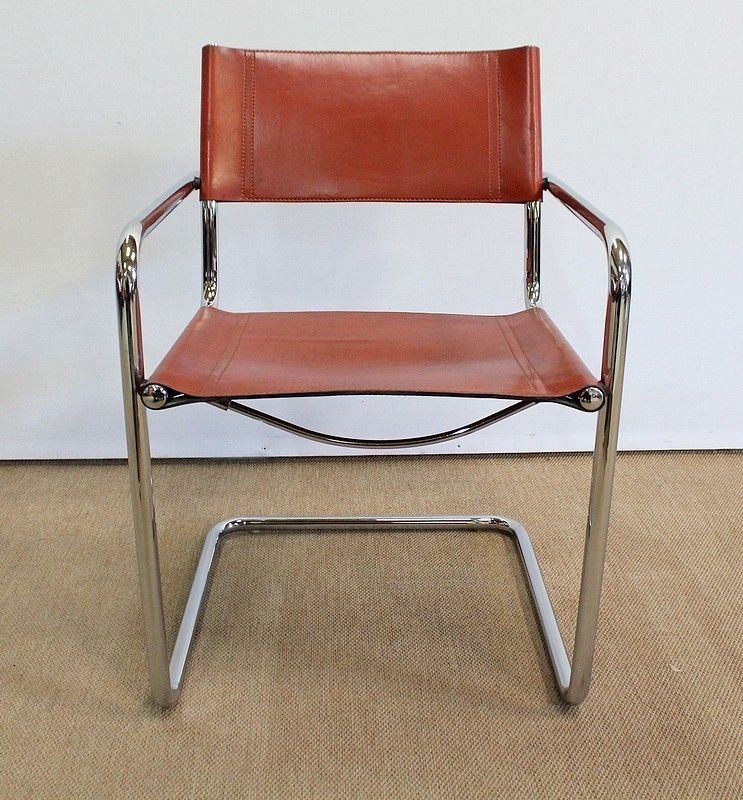 photo for sale Suite Of 4 Leather Armchairs Signed Matteo Grassi   1960s