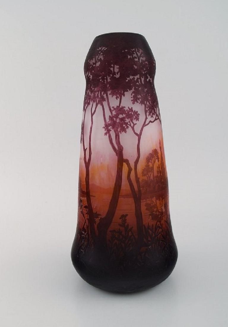 Daum Nancy, France, Large Antique Vase In Art Glass With Landscape And Trees photo for sale