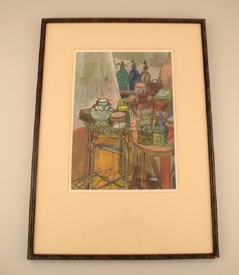 Naomi Vicas 'B. 1920', French Artist, Gouache On Paper, Still Life, Mid 20th C photo furniture