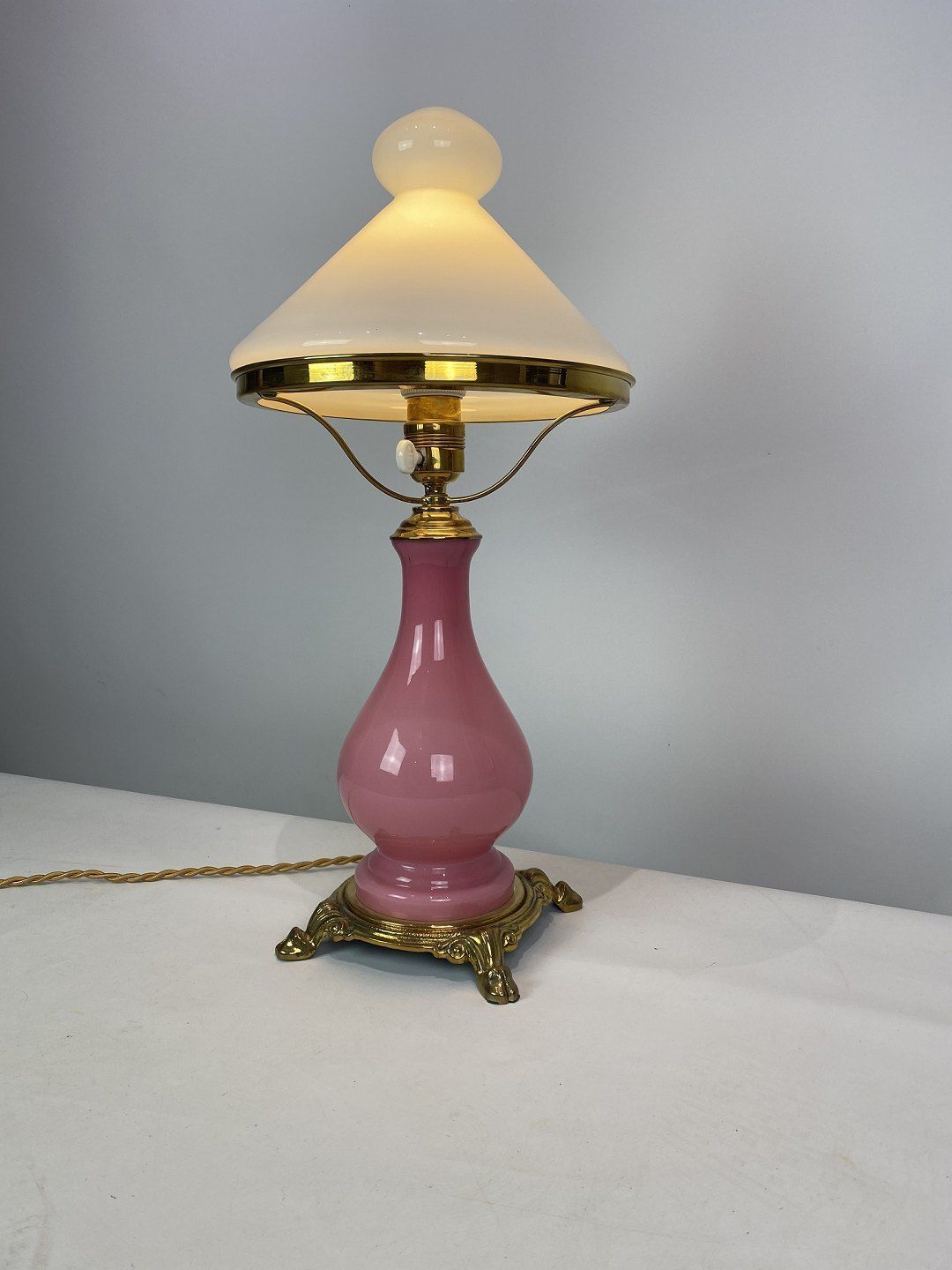 Table Lamp With Frame Of Pink Opaline Glass And Shade Of White Opaline Glass, And Foot Of Brass, By Funen's Glassworks From The 1930s. photo 460.0