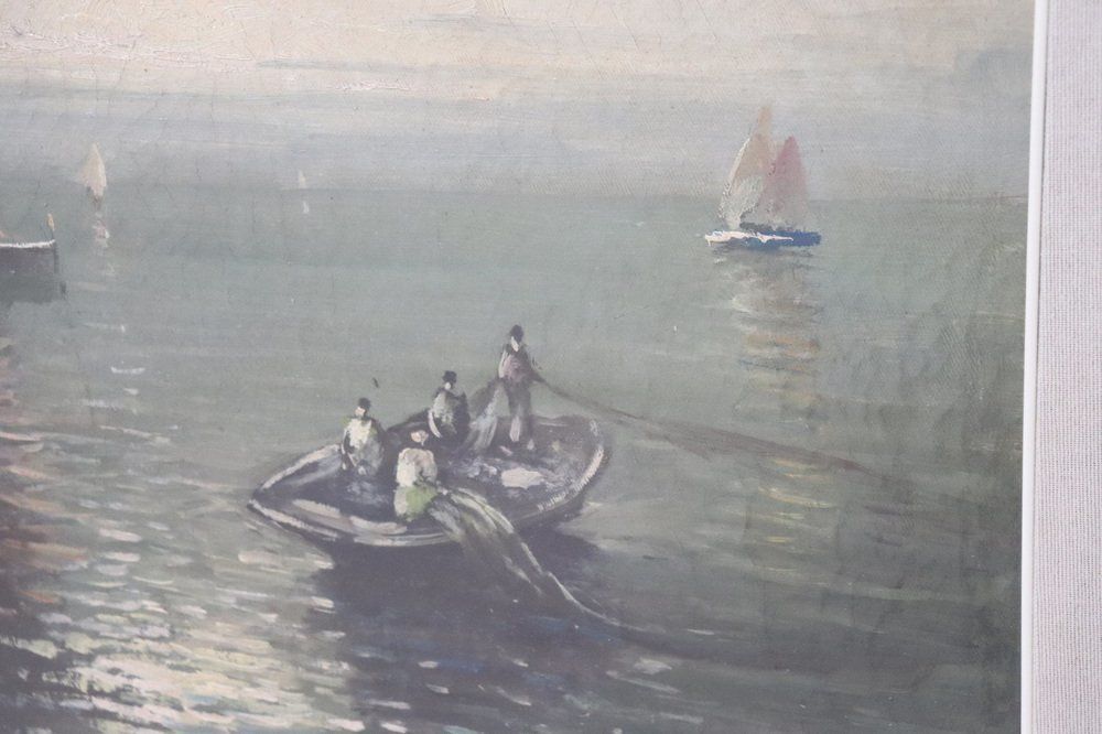 Oil On Canvas Painting Of Marina With Fishermen, 1950s photo furniture