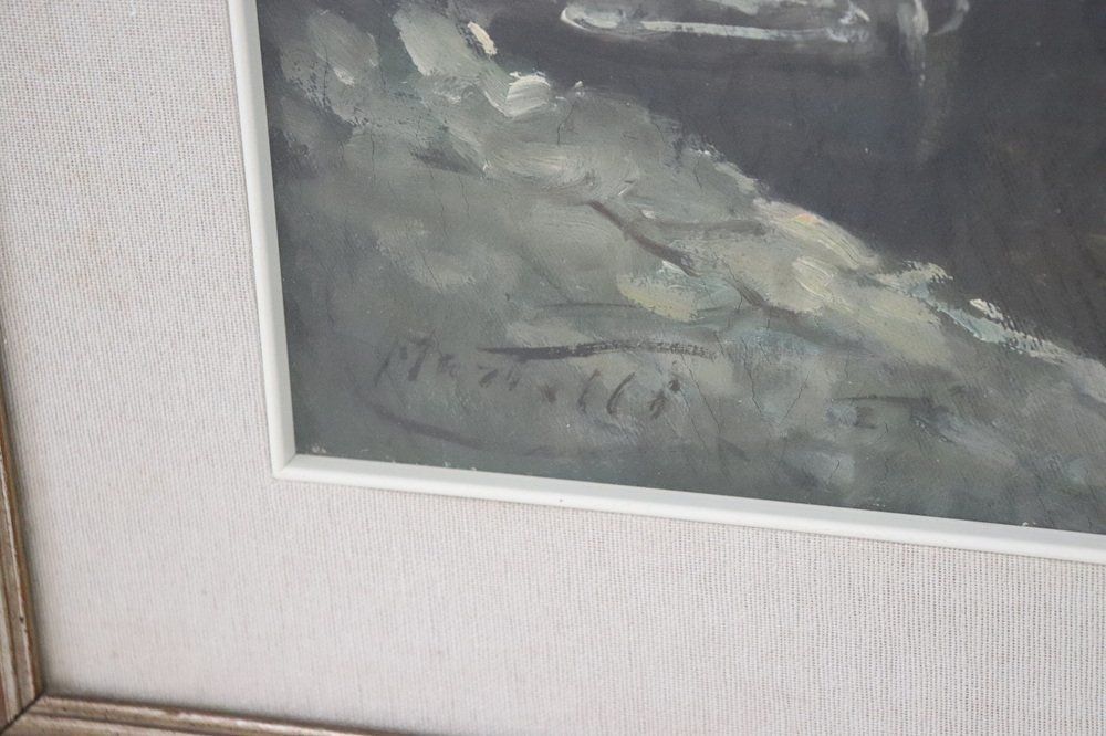 Oil On Canvas Painting Of Marina With Fishermen, 1950s photo vinterior