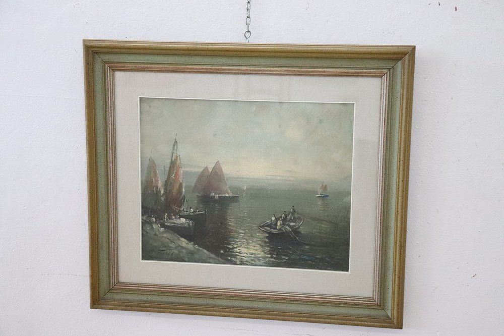 Oil On Canvas Painting Of Marina With Fishermen, 1950s photo buy