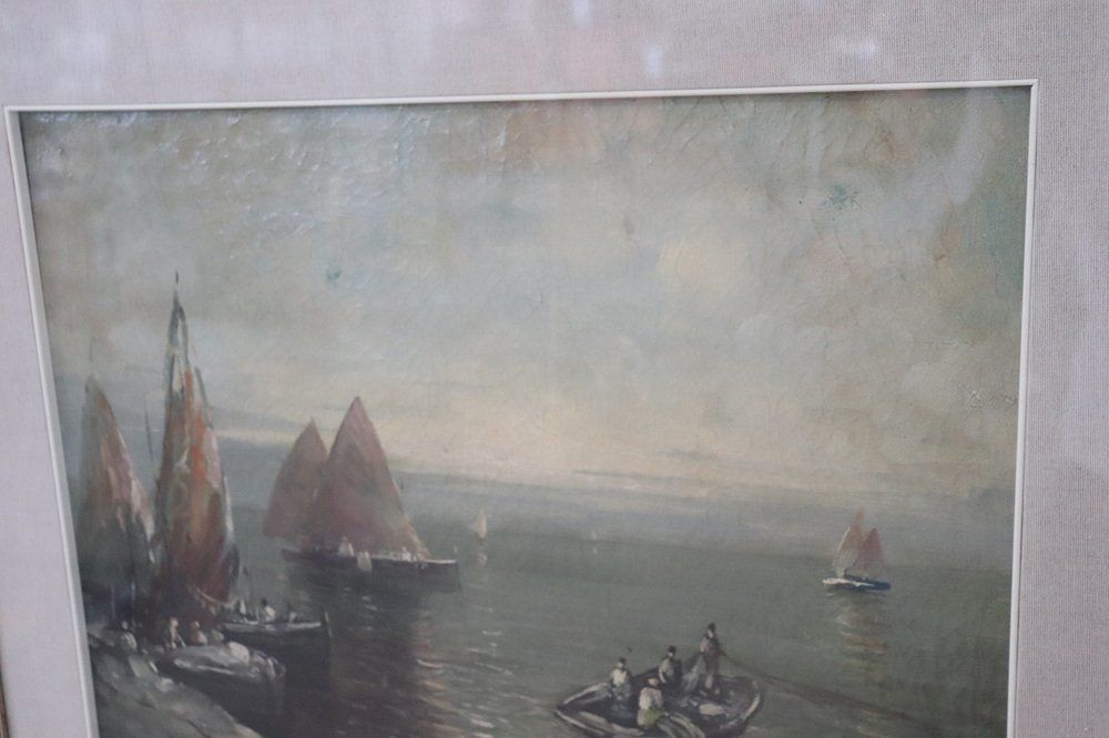 Oil On Canvas Painting Of Marina With Fishermen, 1950s photo vintage