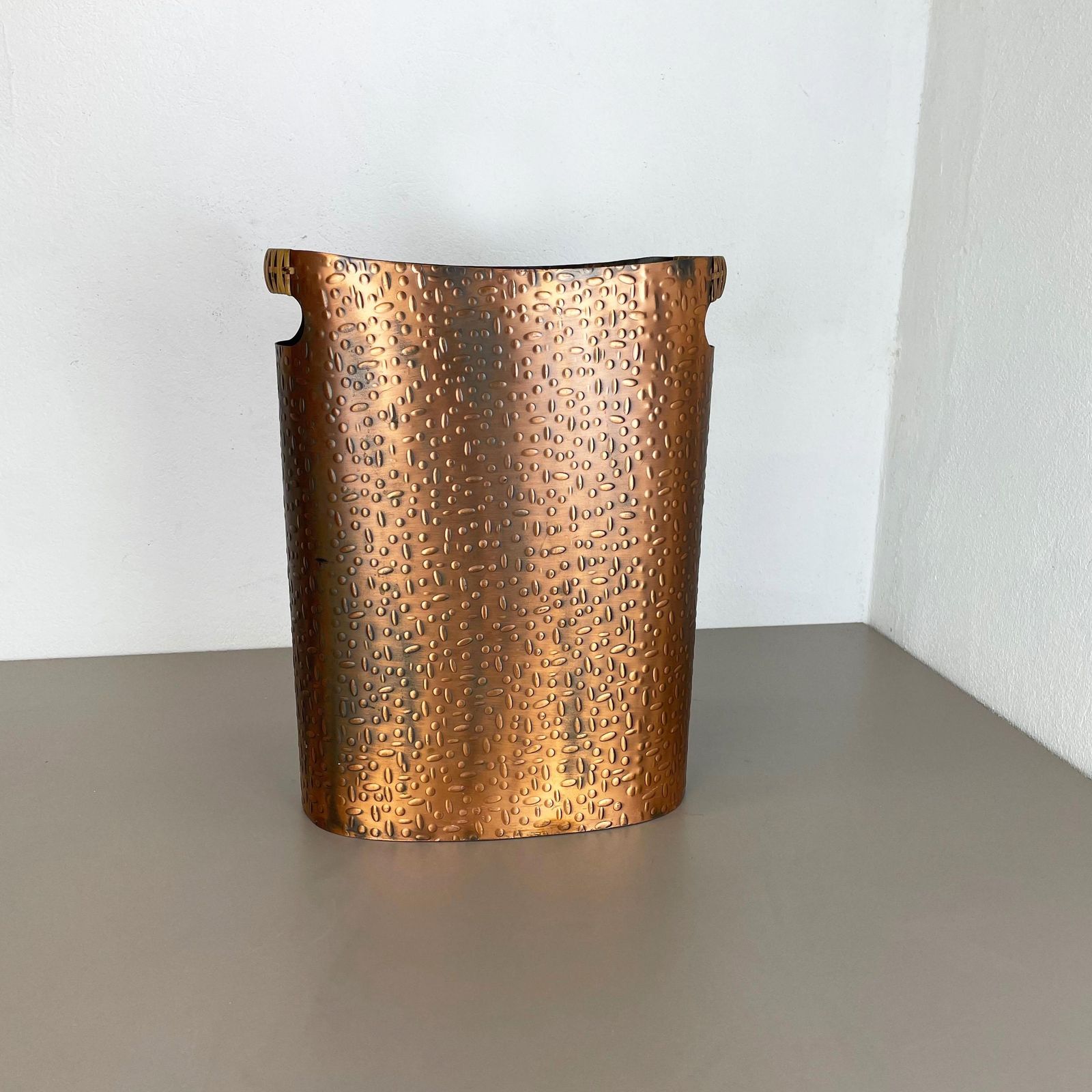 Original Metal Copper And Rattan Hollywood Regency Umbrella Stand Germany, 1950s photo for sale