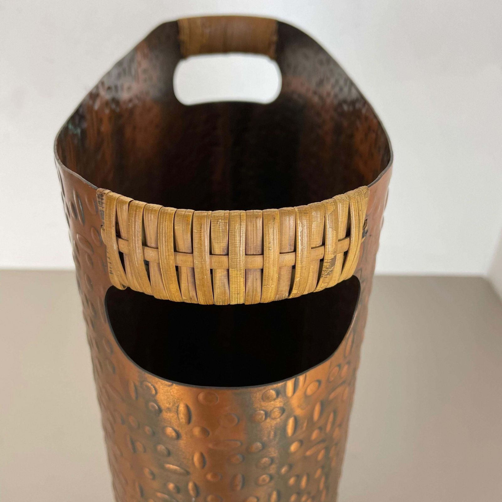 Home Decor Original Metal Copper And Rattan Hollywood Regency Umbrella Stand Germany, 1950s photo