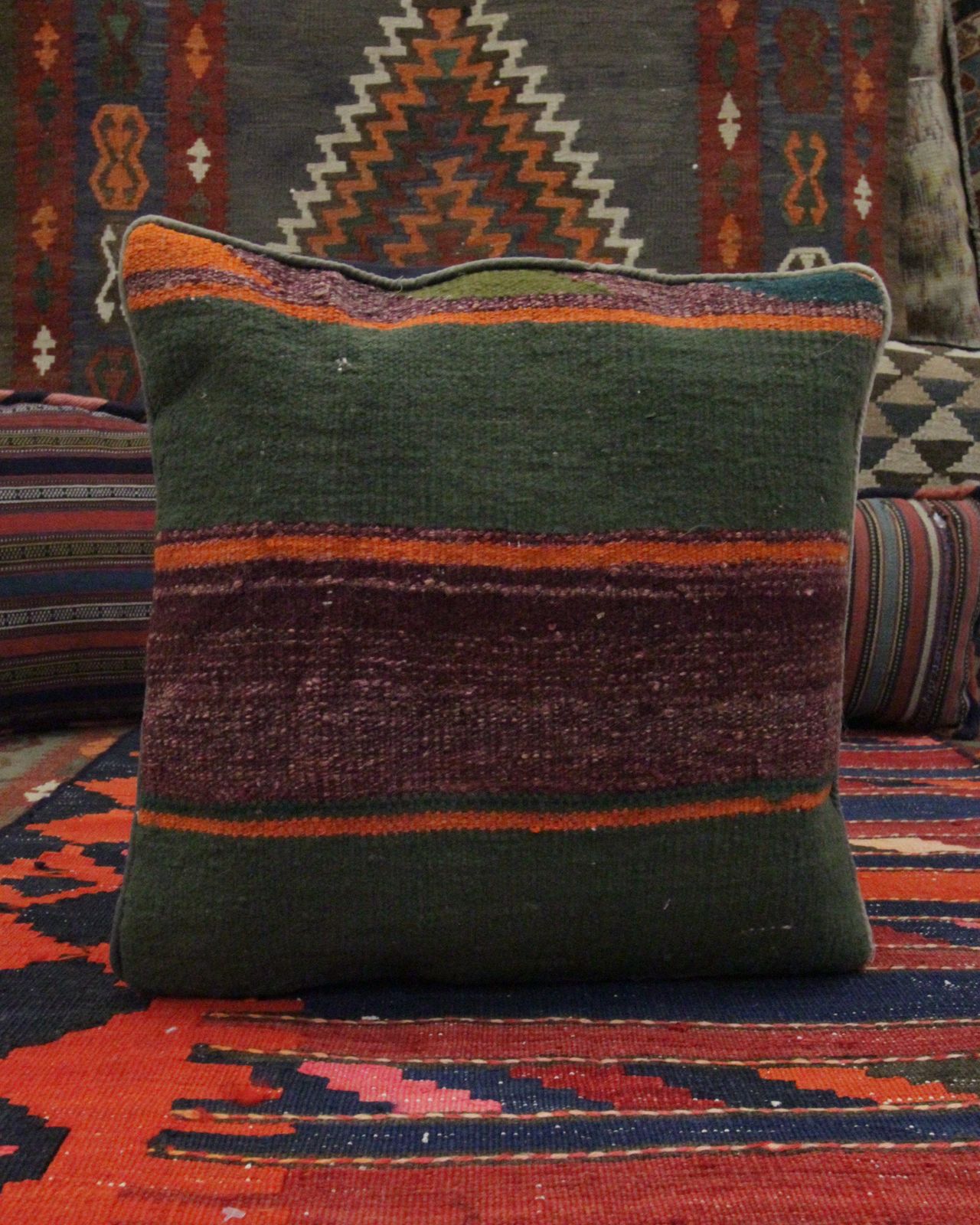 Green Striped Wool Cushion Cover Handmade Scatter Pillow  40x40cm photo furniture