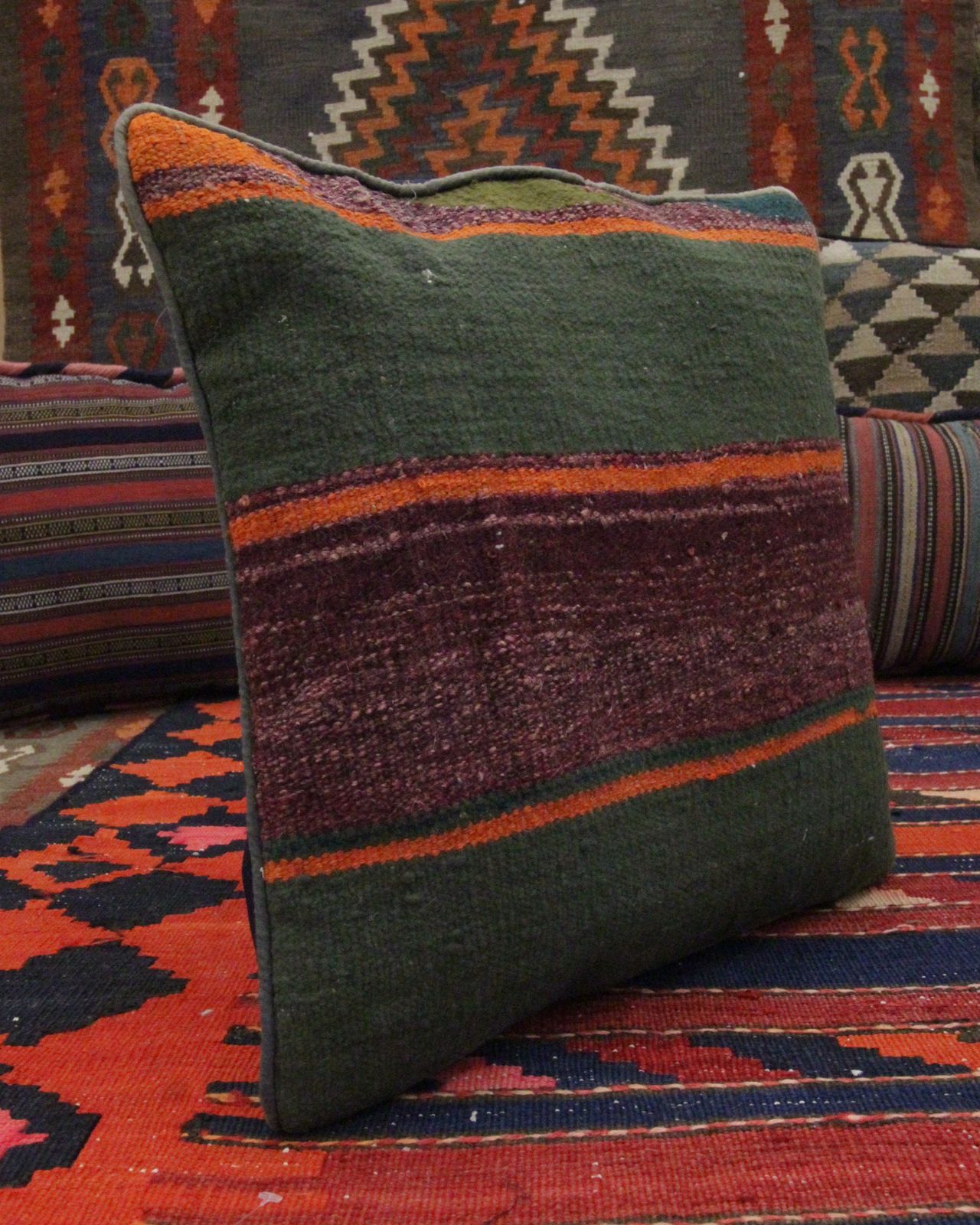 Green Striped Wool Cushion Cover Handmade Scatter Pillow  40x40cm photo buy