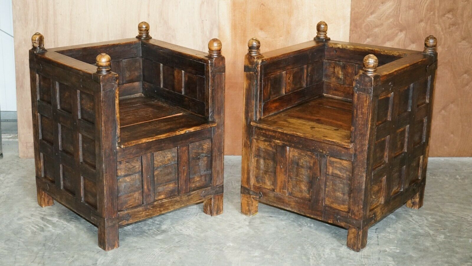 Stunning Suite Of Antique Anglo Indian Circa 1880 Oak & Iron Bound Hall Seats photo furniture