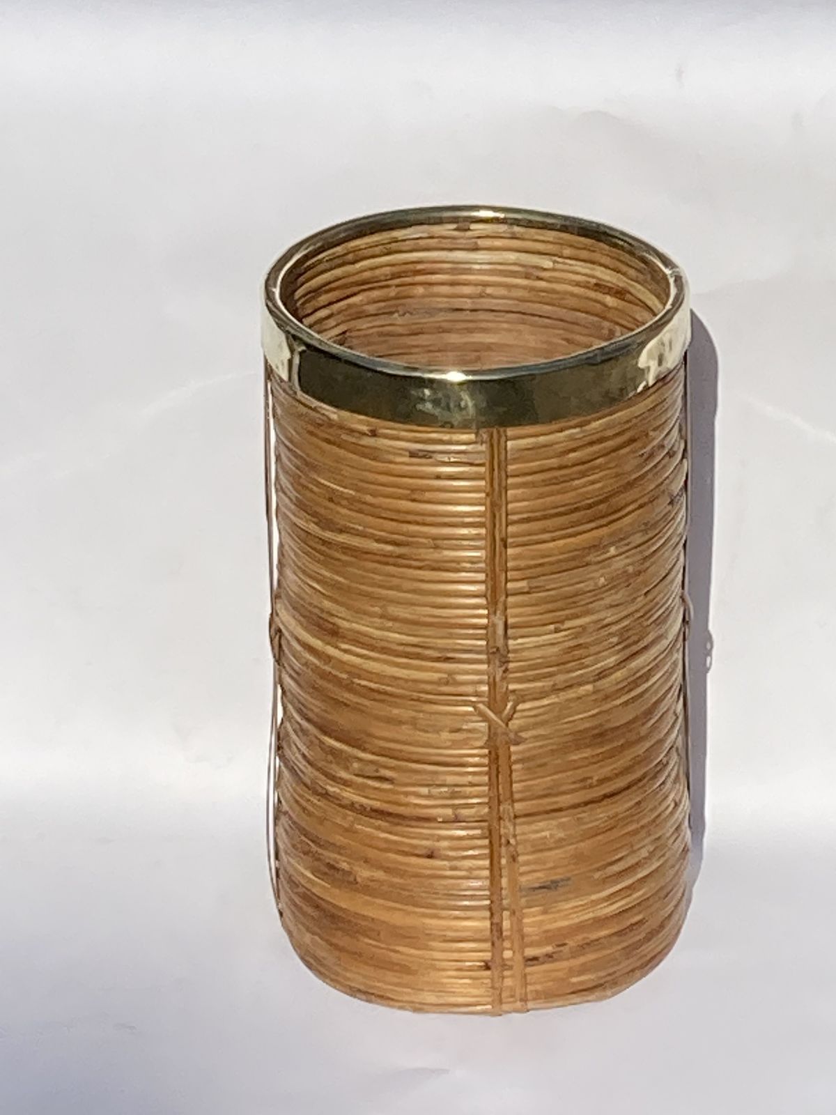 Midcentury Rattan Wicker And Brass Umbrella Stand Or Basket photo Home Decor