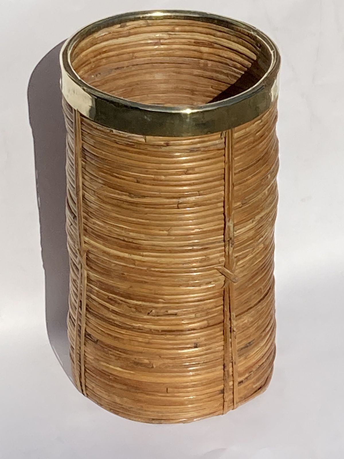 Midcentury Rattan Wicker And Brass Umbrella Stand Or Basket photo 410.8
