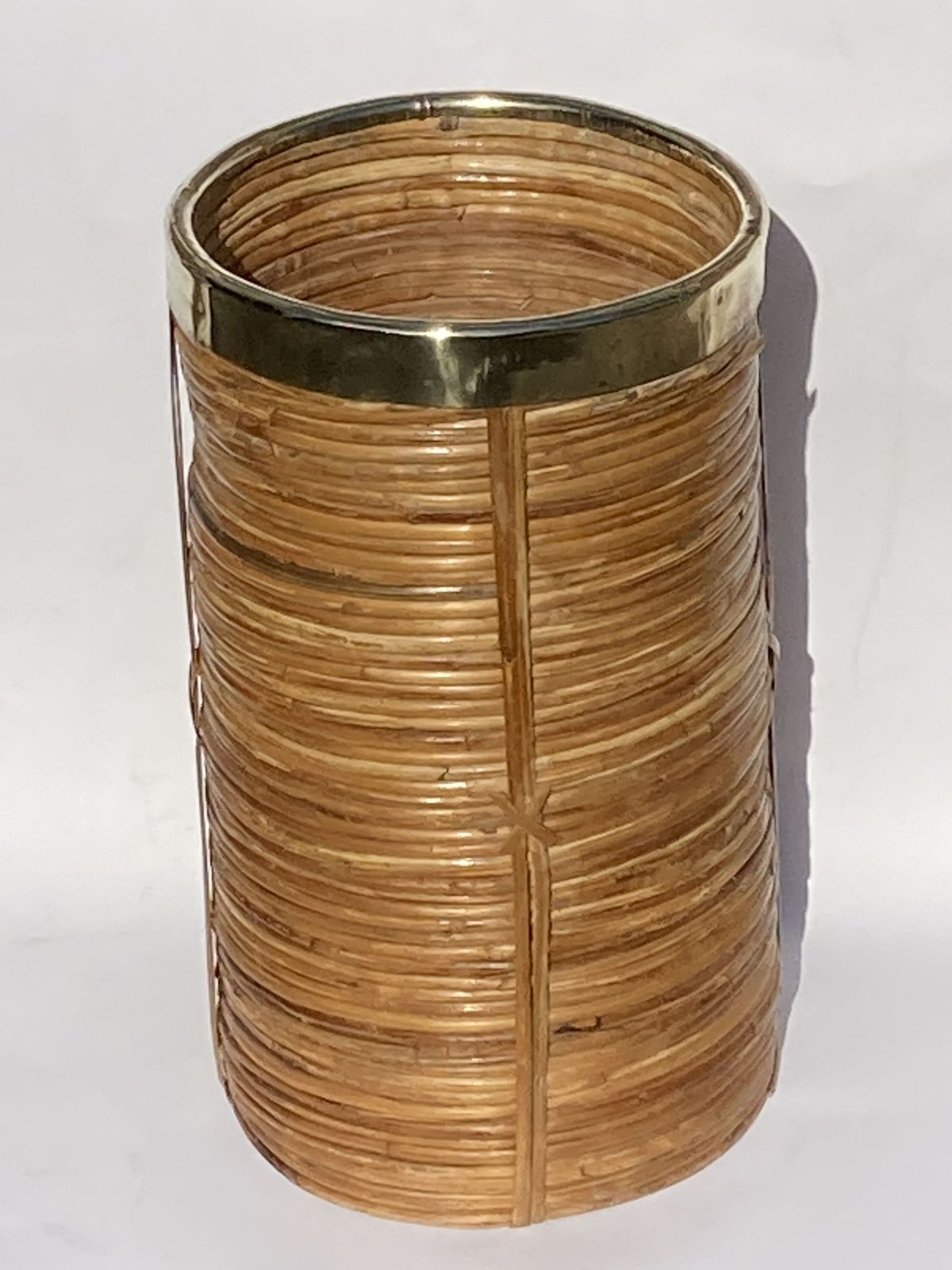 Midcentury Rattan Wicker And Brass Umbrella Stand Or Basket photo vinterior