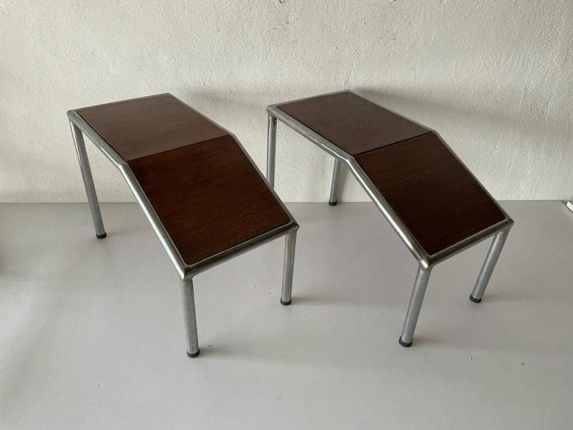 Unusual Italian Design Wooden And Thick Metal Body Pair Of Industrial Side Tables Or Stools1970s Italy