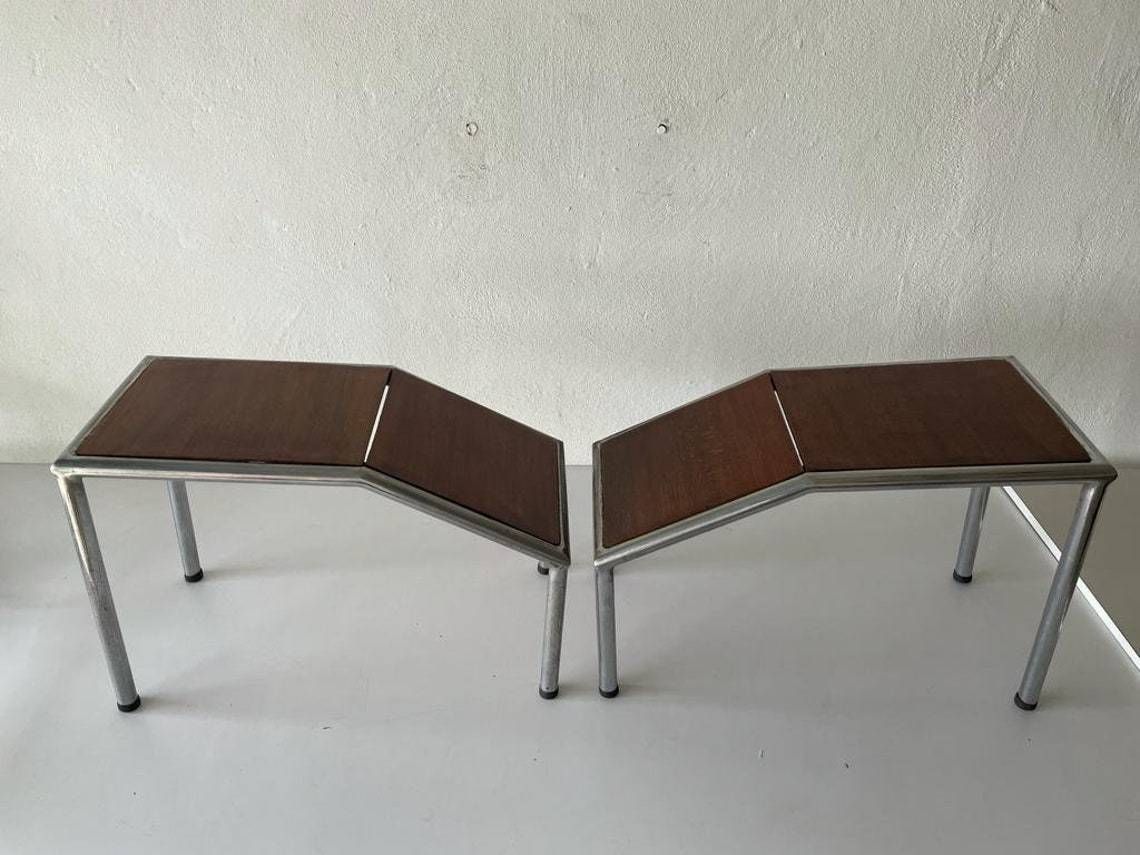 Unusual Italian Design Wooden And Thick Metal Body Pair Of Industrial Side Tables Or Stools1970s Italy photo furniture