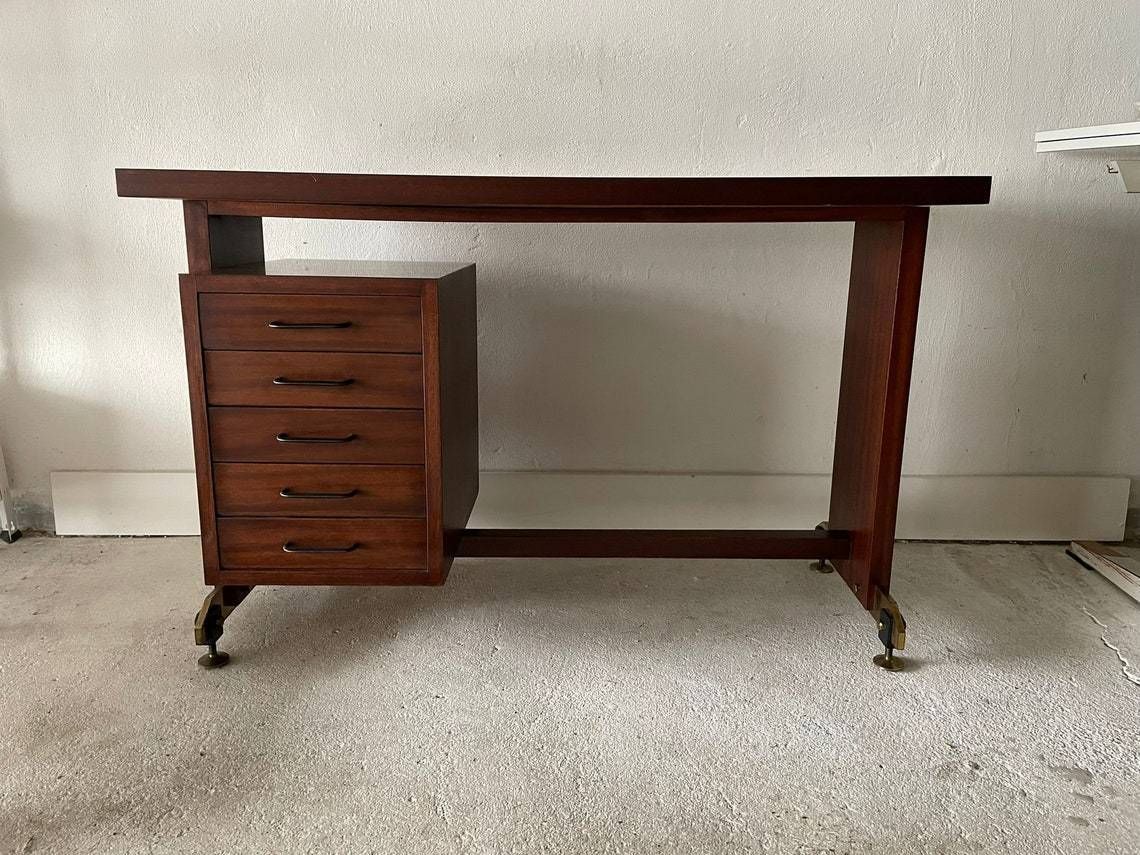 Mid Century Modern Italian Desk With 5 Drawers 1960s Italy photo furniture