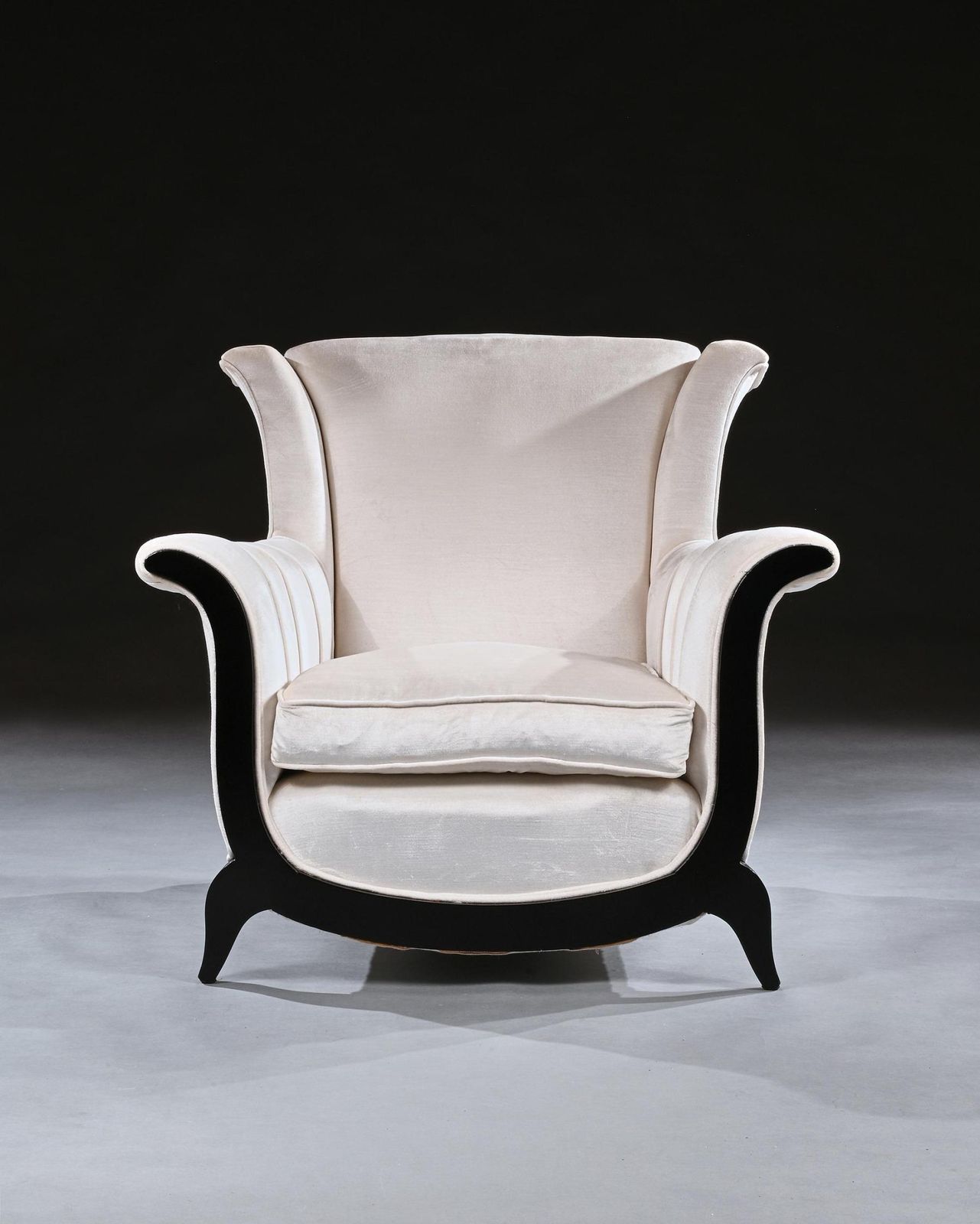 A Unusual Pair Of French Art Deco Ebonised Armchairs In A Crushed Velvet photo vinterior