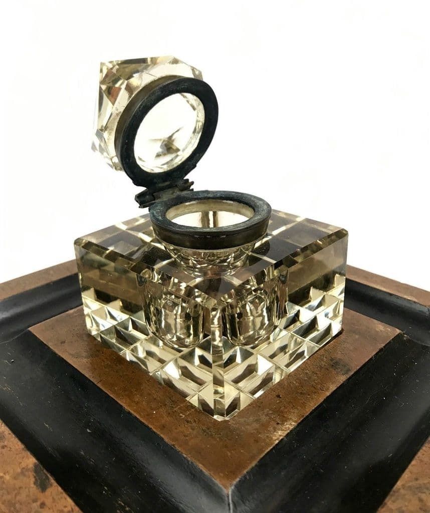 Antique Wooden Desk Stand With Smoked Cut Glass Inkwell / Large / Victorian photo Home Decor