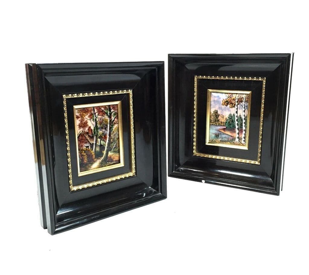 Framed Enamel On Copper E J Guitard Of Limoges, France, Painting Pair C.1970