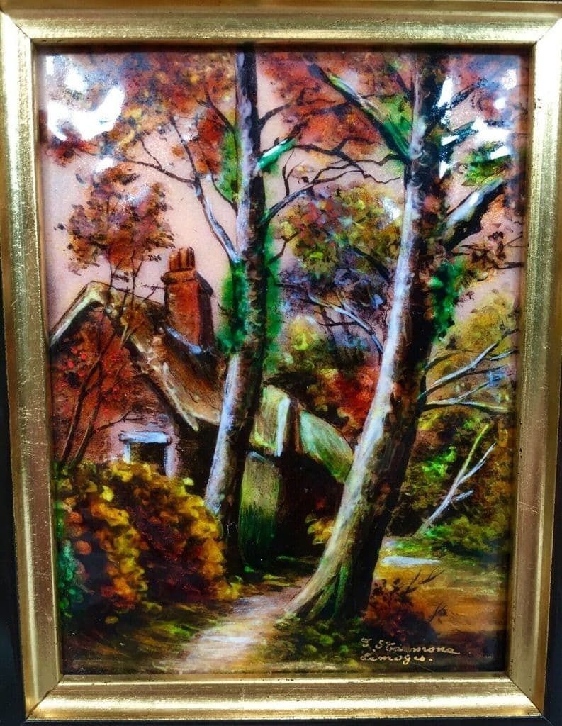 Framed Enamel On Copper E J Guitard Of Limoges, France, Painting Pair C.1970 photo for sale